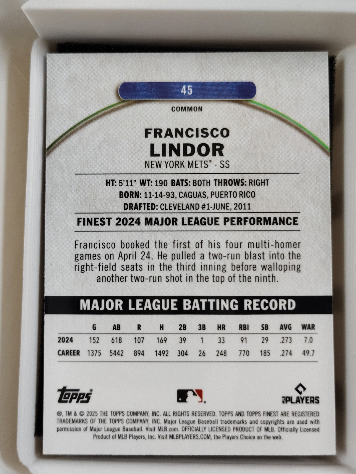 2025 Topps Finest Common #45  Francisco Lindor Checkerboard