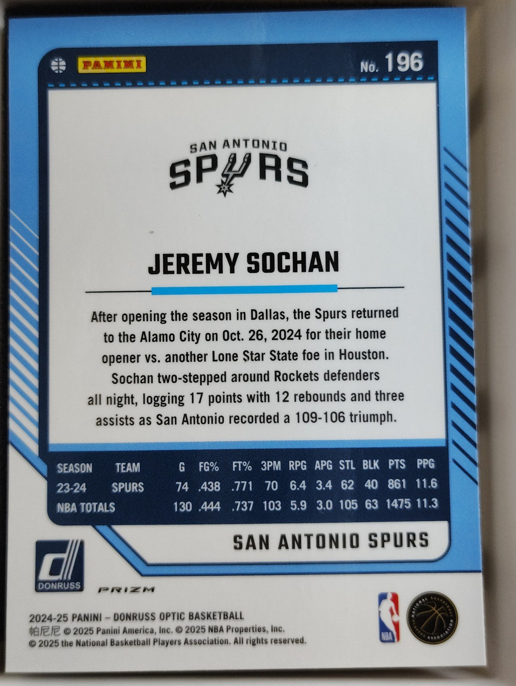 2024-25 Panini Donruss Optic - Jeremy Sochan #196 Holo Prizm