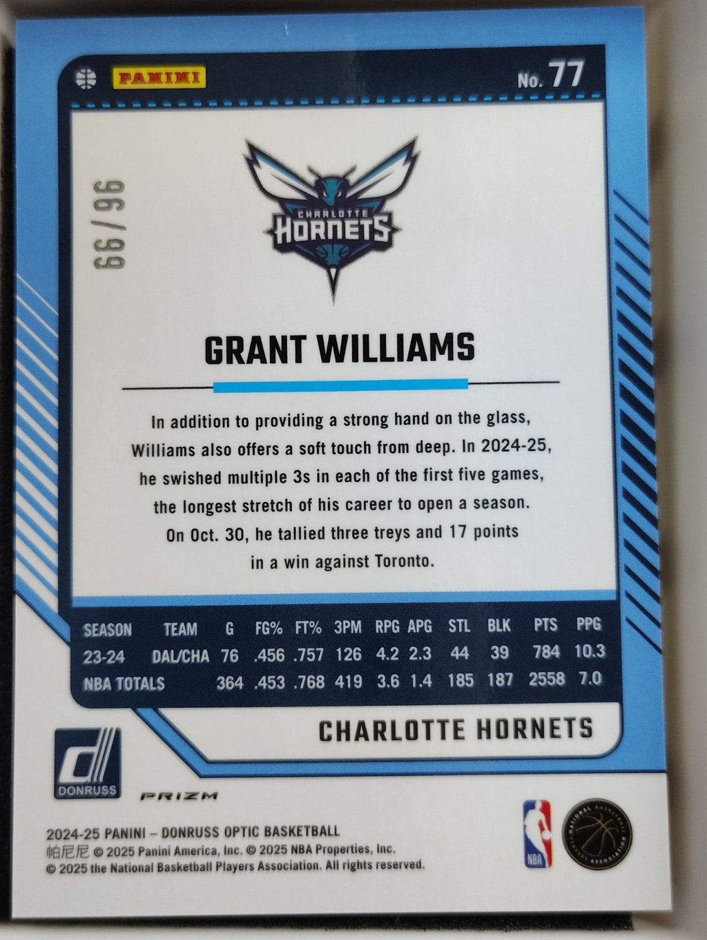 2024-25 Panini Donruss Optic Grant Williams #77 Purple Fast Break 96/99