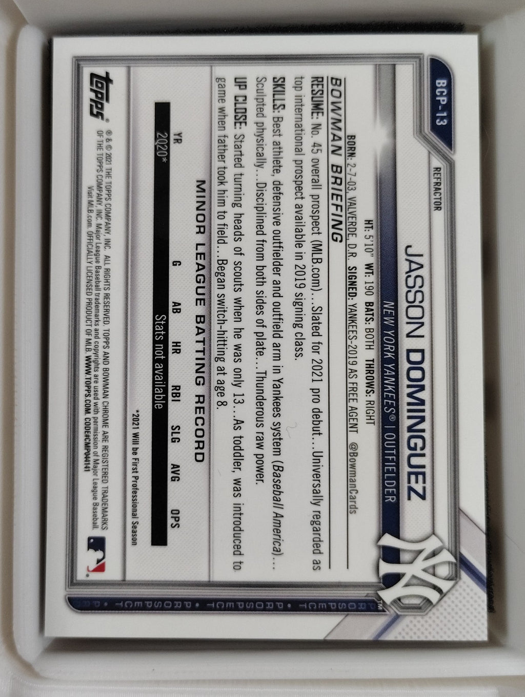 2021 Bowman Chrome #BCP-13 Jasson Dominguez Refractor 137/499