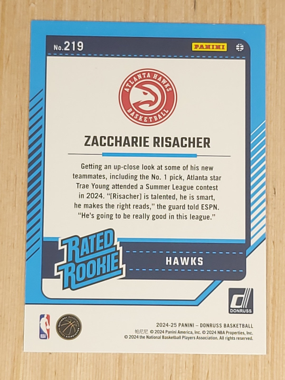 2024-25 Panini Donruss - Rated Rookie Zaccharie Risacher #219 Choice (RC)