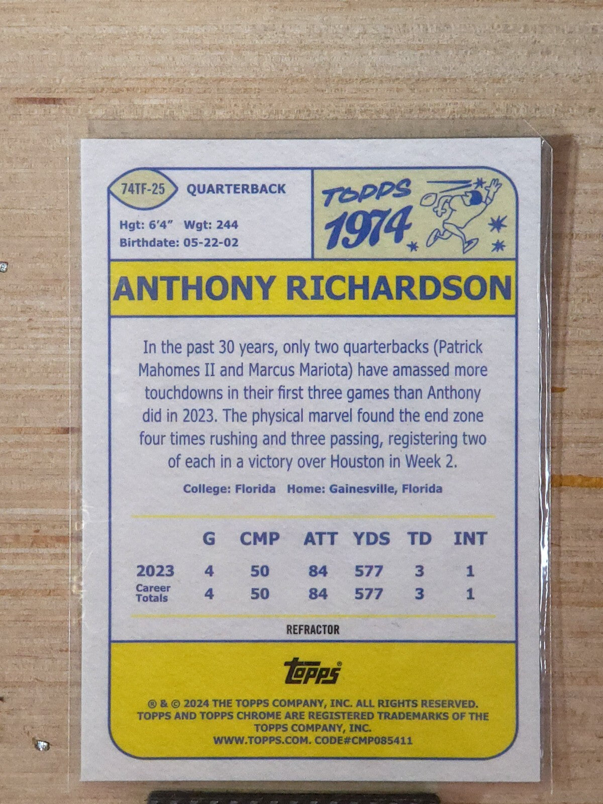 2024 Topps Chrome Football 74TF-25 Anthony Richardson Refractor