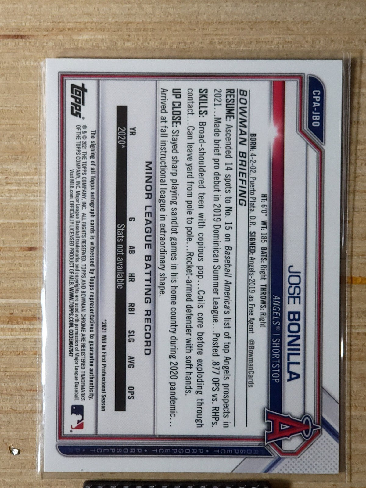 2021 Bowman Chrome - Prospect Autographs #CPA-JBO Jose Bonilla