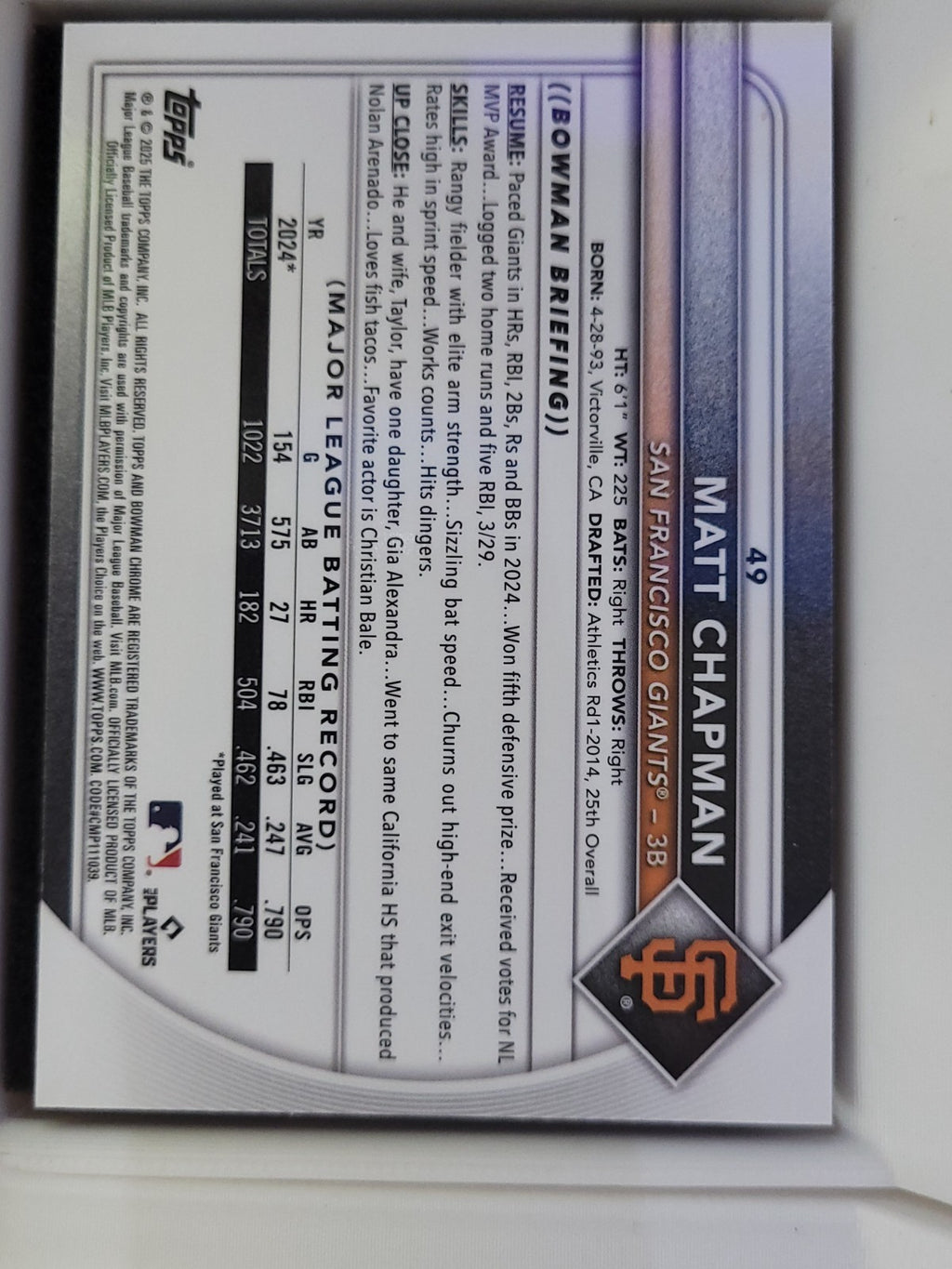 2025 Bowman Chrome Matt Chapman #49 Mojo Refractor