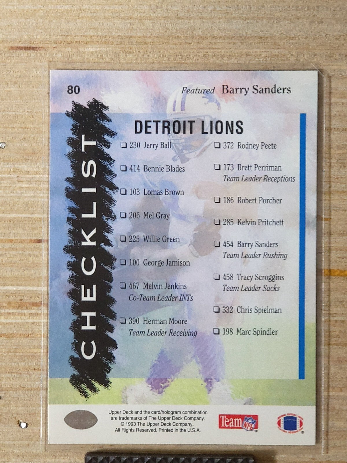 1993 Upper Deck - Team Checklist Barry Sanders #80