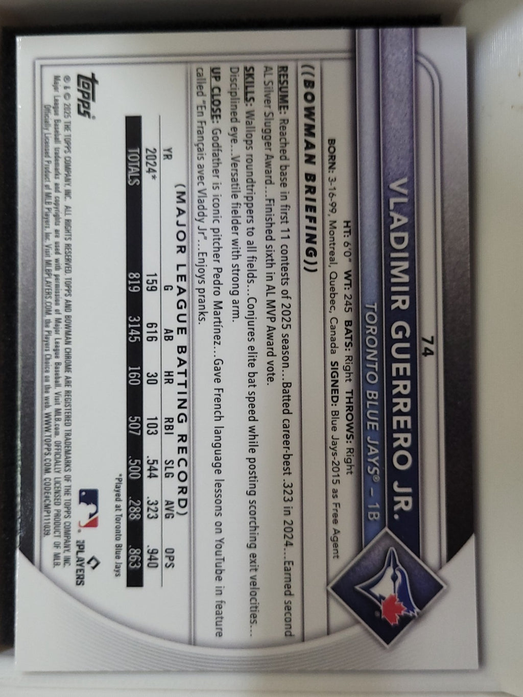 2025 Bowman Chrome Vladimir Guerrero Jr. #74 Chrome Mojo Refractor
