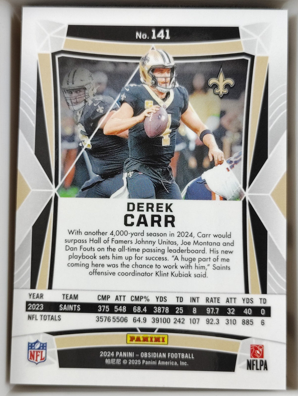 2024 Panini Obsidian - Derek Carr #141 International Light Blue Wave