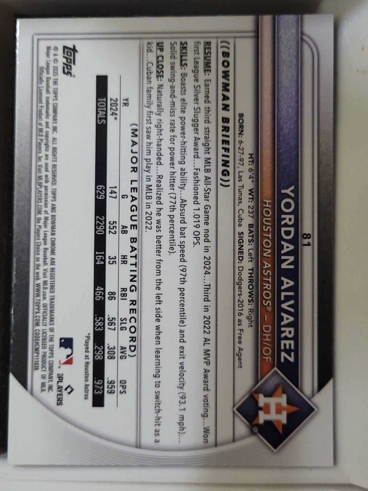 2025 Bowman Chrome Yordan Alvarez #81 Mojo Refractor