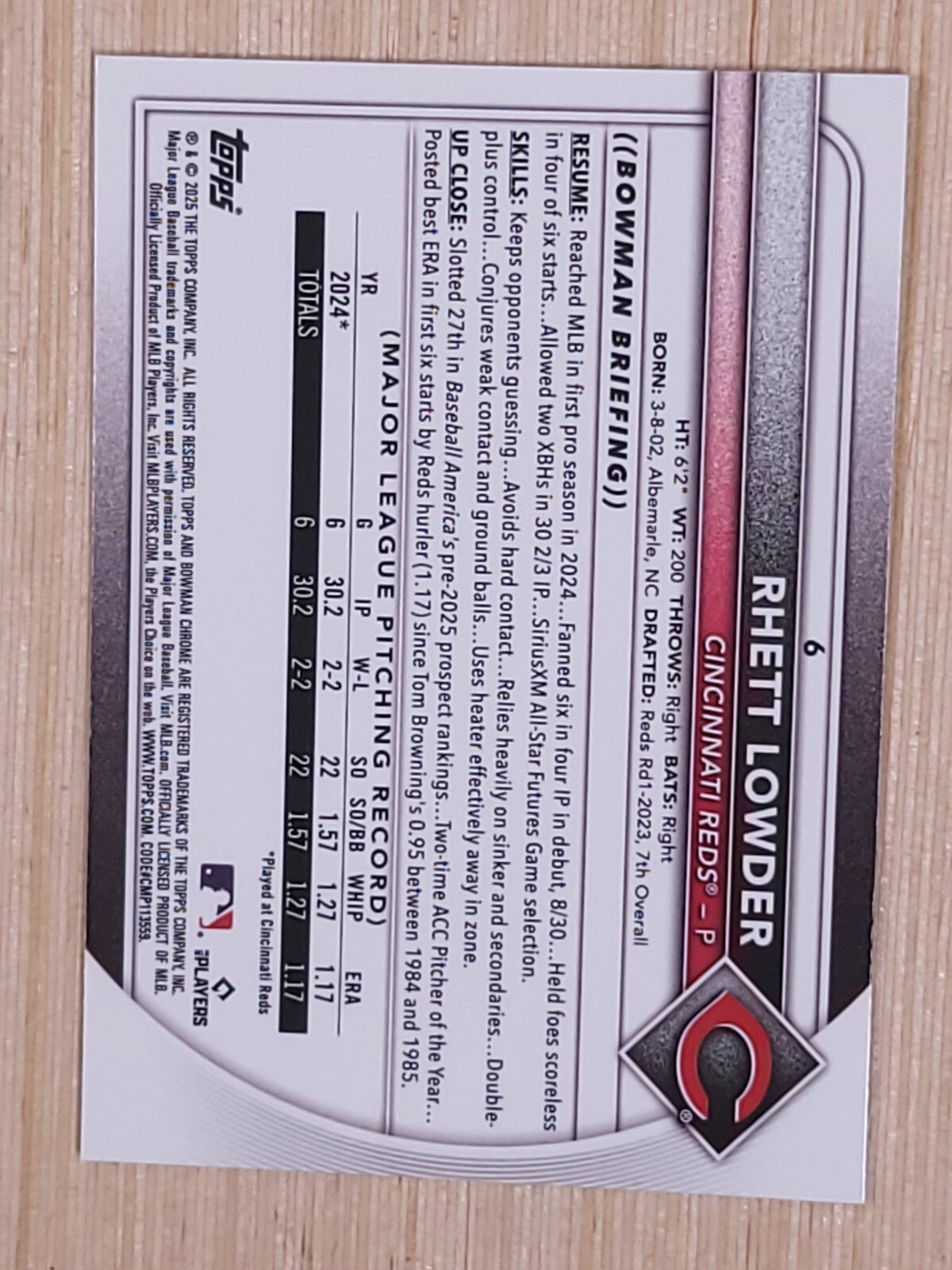 2025 Bowman Chrome - Rhett Lowder #6 Red RC Redemption