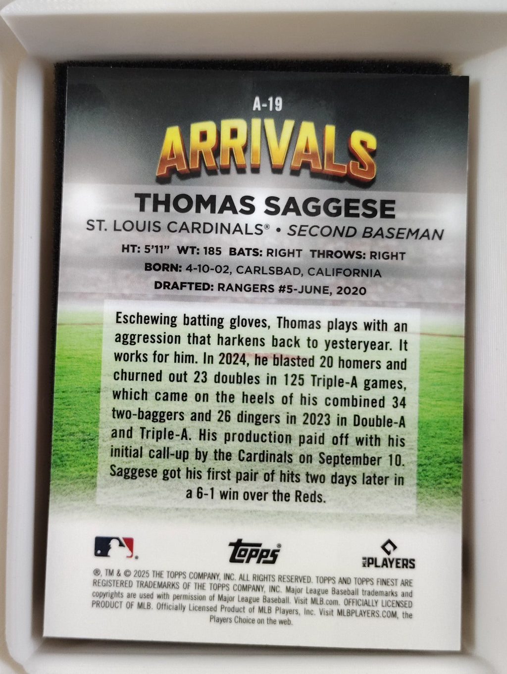 2025 Topps Finest - Arrivals Thomas Saggese #A-19 (RC)