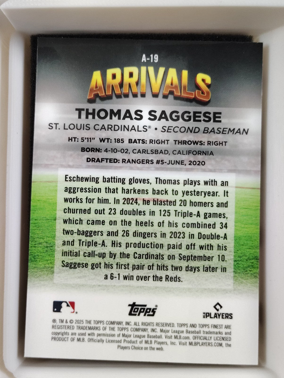 2025 Topps Finest - Arrivals Thomas Saggese #A-19 (RC)