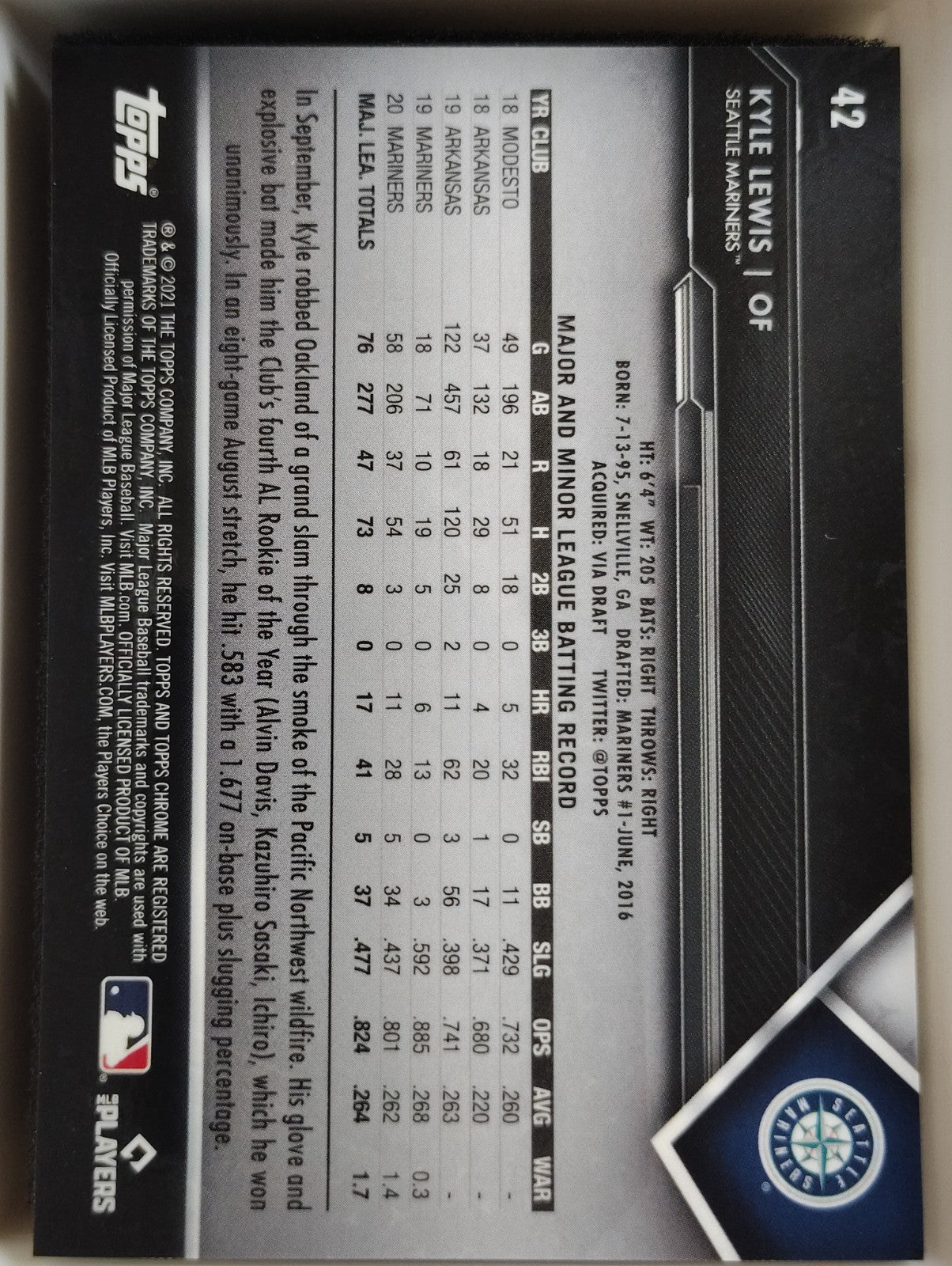 2021 Topps Chrome Black - Kyle Lewis #42