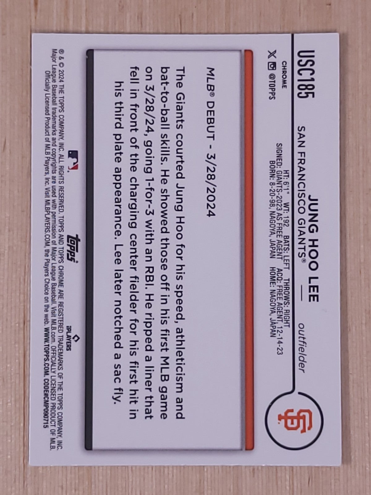 2024 Topps Chrome Update Series - Rookie Debut Jung-Hoo Lee #USC185 (RC)