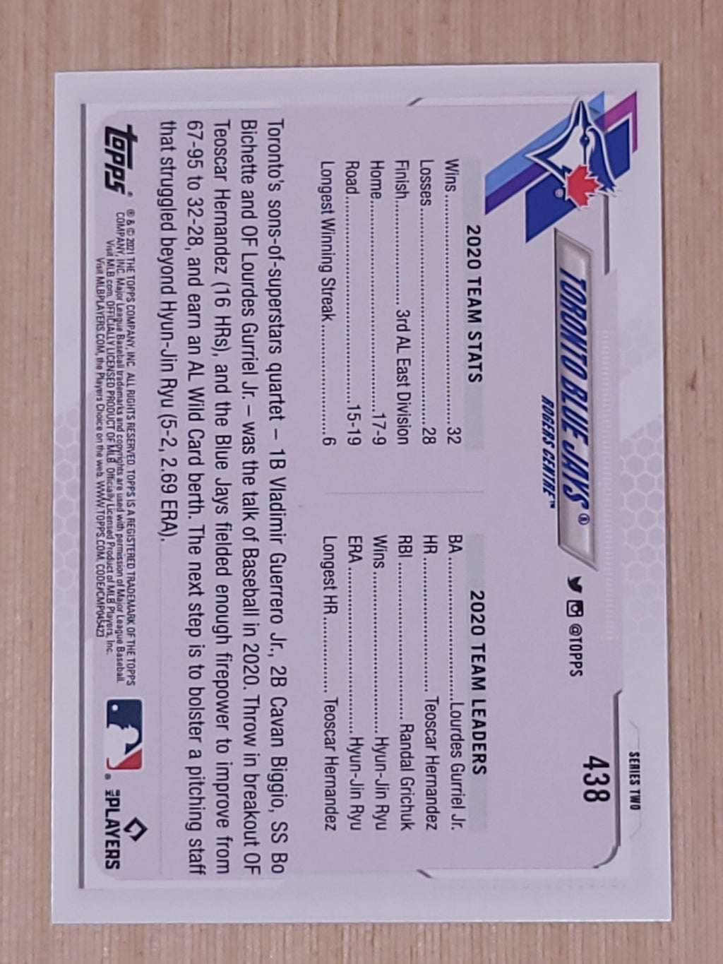 2021 Topps - Toronto Blue Jays #438 Gold Foil