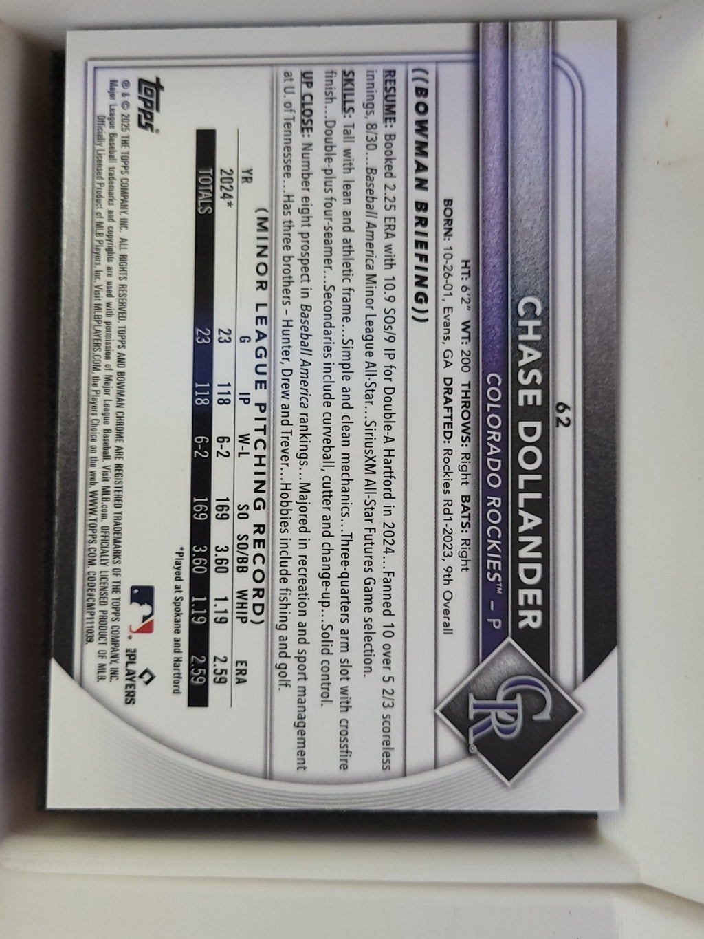 2025 Bowman Chrome Chase Dollander Mojo Refractor #62