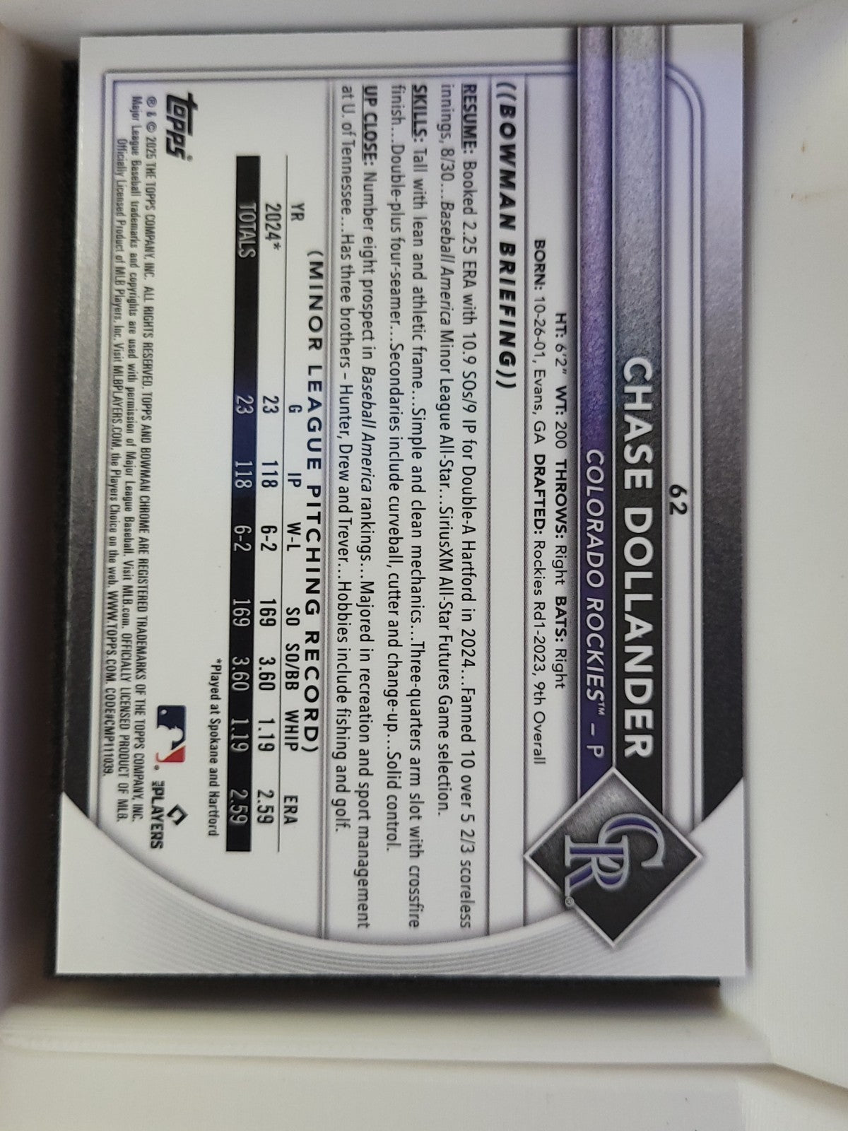 2025 Bowman Chrome Chase Dollander Mojo Refractor #62