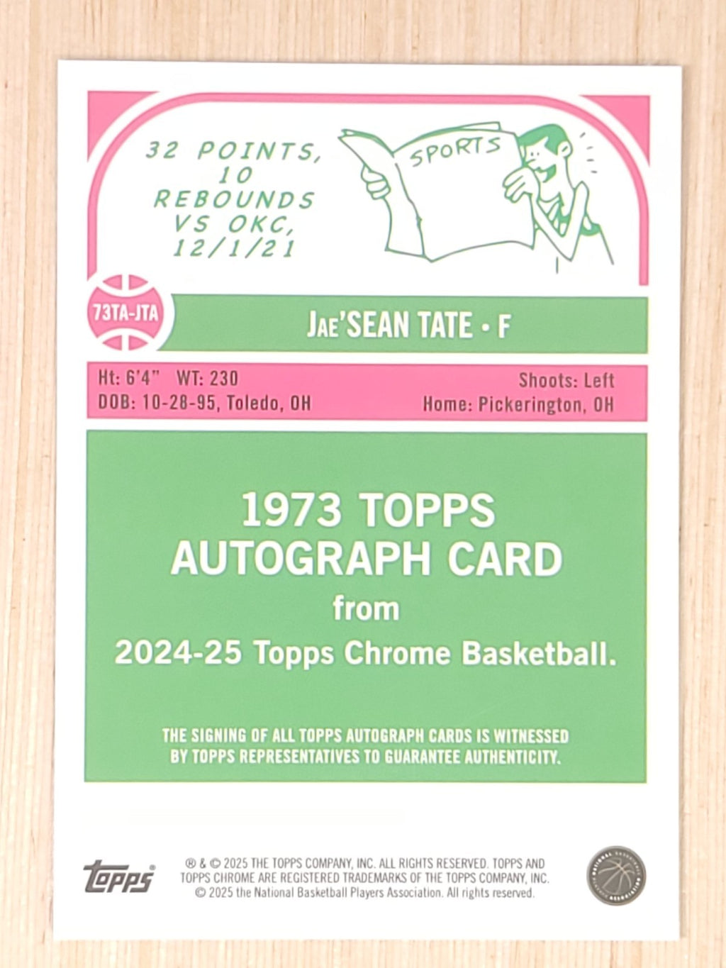 2024-25 Topps Chrome Auto '73 Topps #73TA-JTA Jae'Sean Tate Geometric Purple