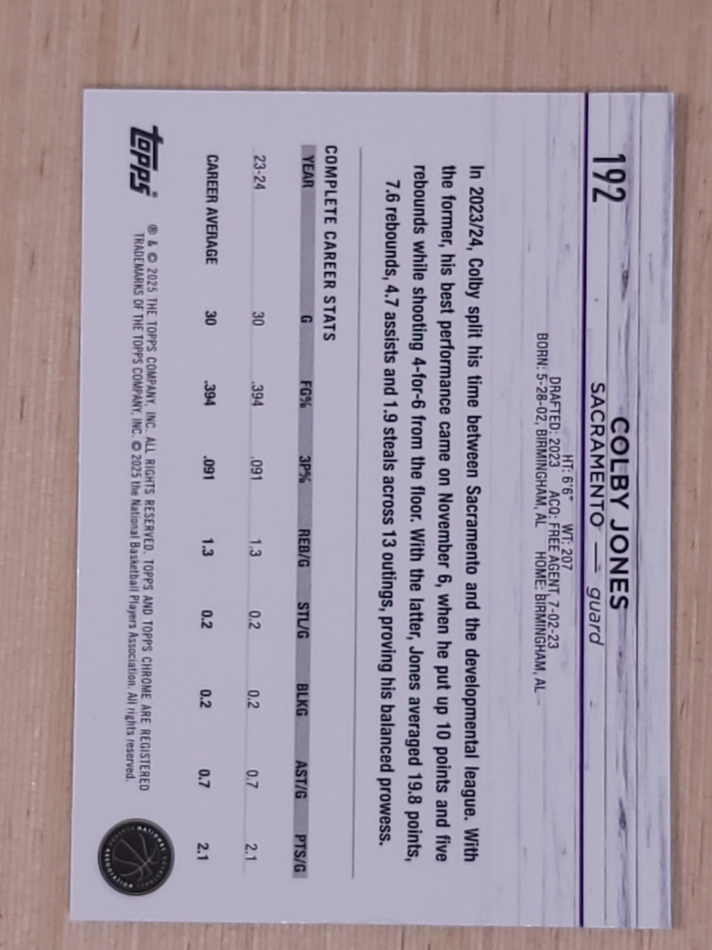 2024-25 Topps Chrome - Colby Jones #192 Purple Speckle 223/299