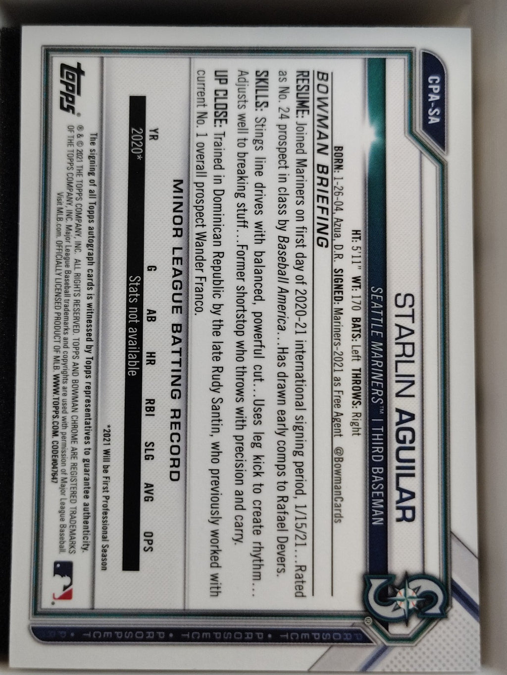 2021 Bowman Chrome  Auto Starlin Aguilar #CPA-SA Sparkle 035/299