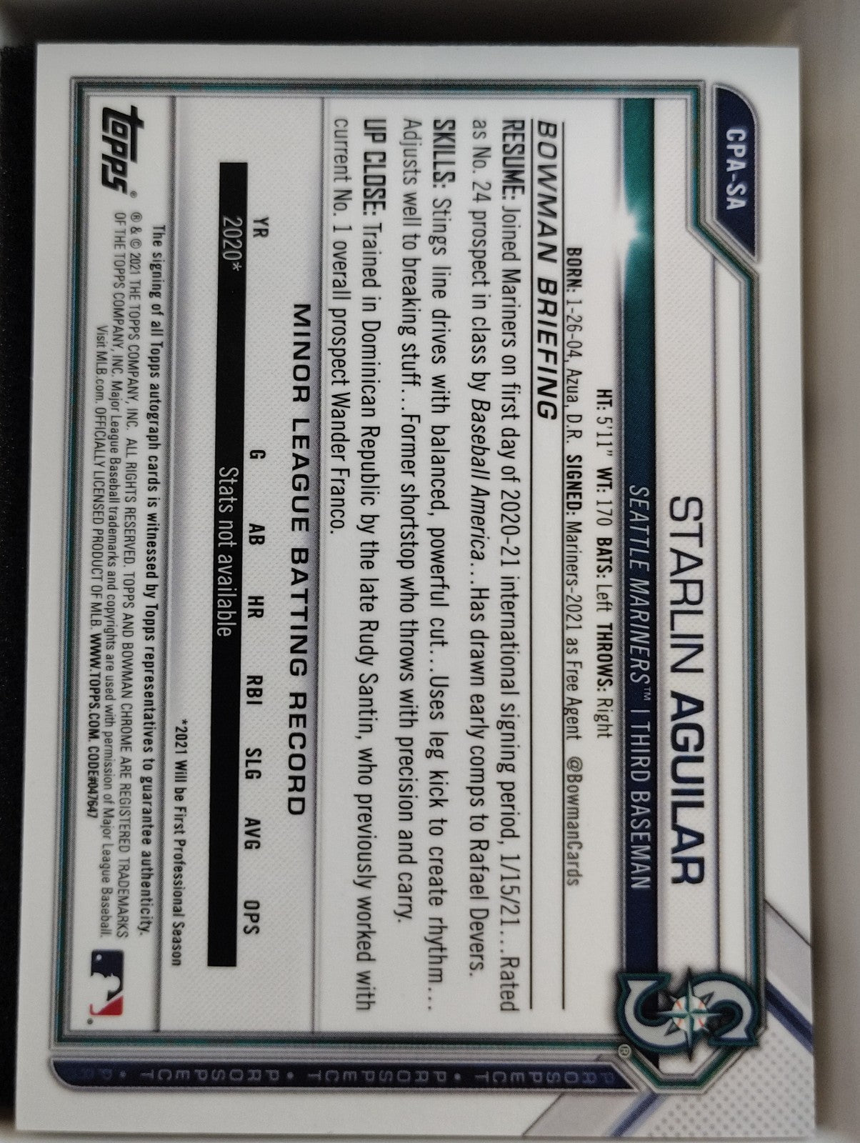 2021 Bowman Chrome  Auto Starlin Aguilar #CPA-SA Sparkle 035/299