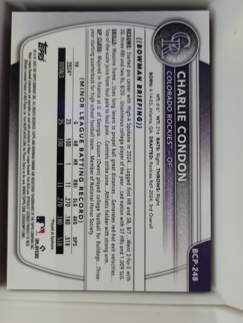 2025 Bowman Chrome Charlie Condon #BCP-248