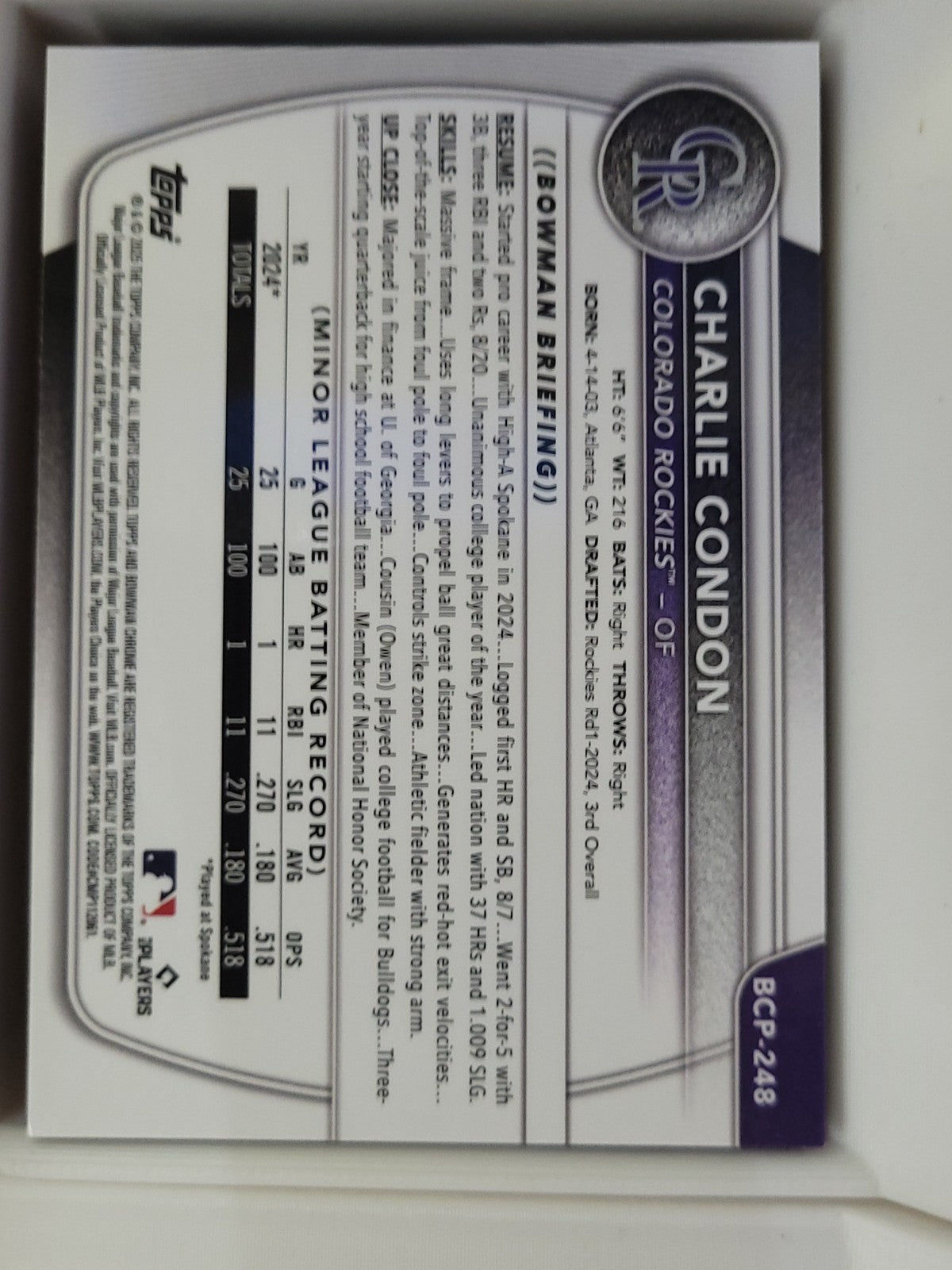 2025 Bowman Chrome Charlie Condon #BCP-248