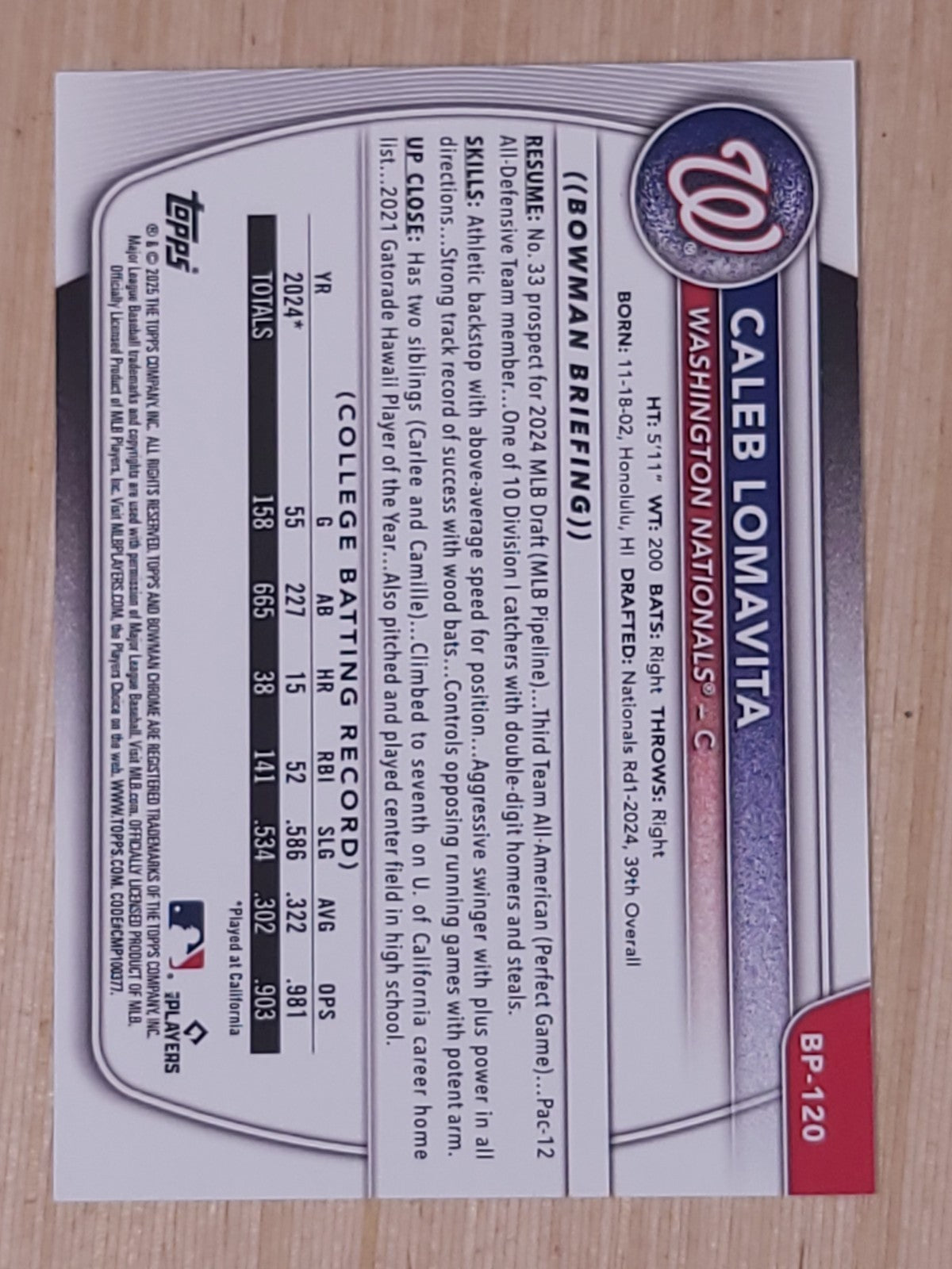 2025 Bowman - Prospects Caleb Lomavita #BP-120 Sky Blue /499 (RC)