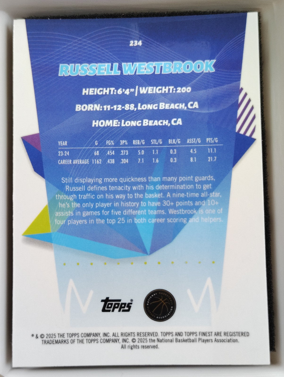 2024-25 Topps Finest Russell Westbrook #234 Blue Refractor 37/99