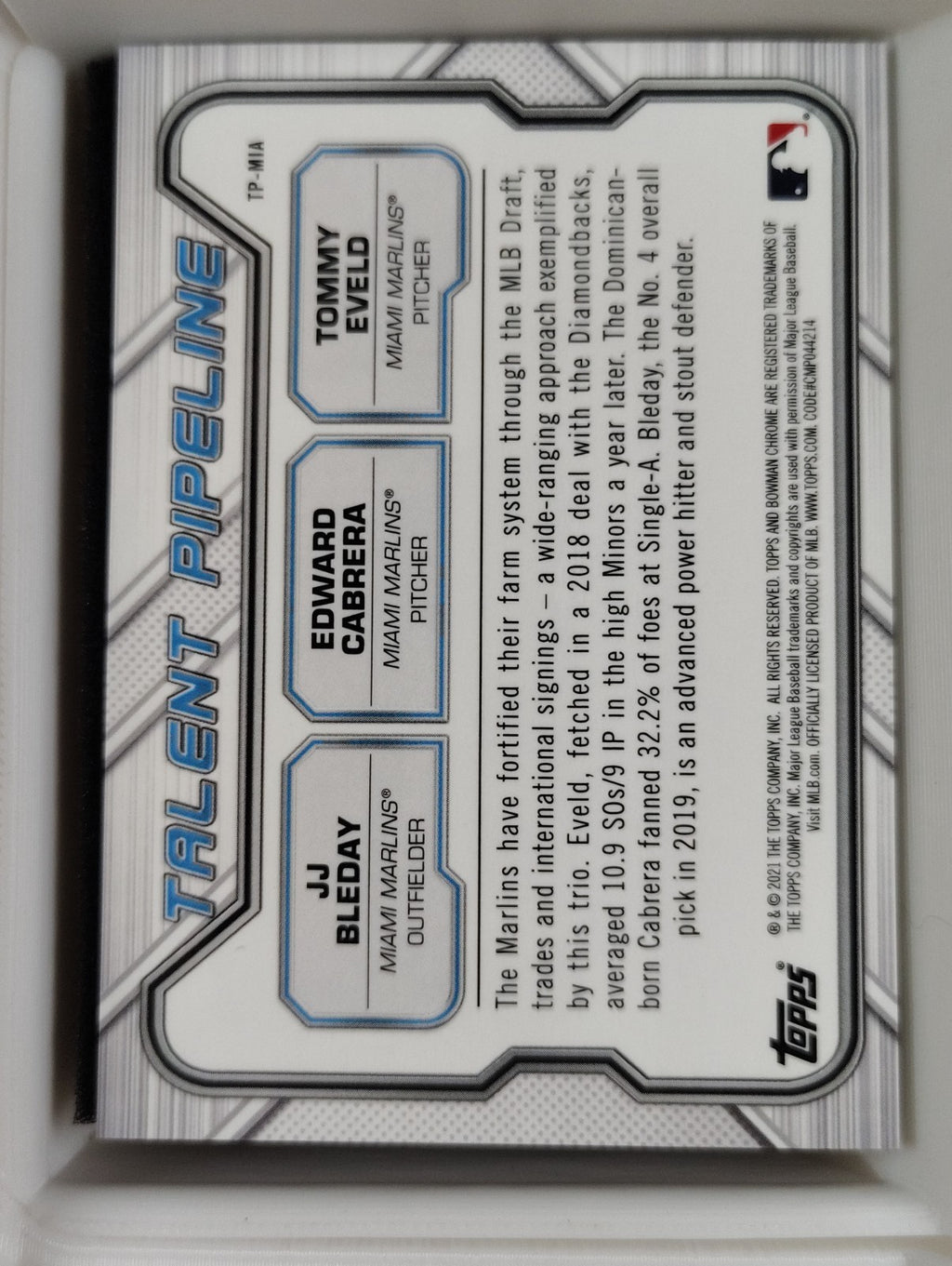 2021 Bowman Chrome Talent Pipeline #TP-MIA JJ Bleday Edward Cabrera Tommy Eveld
