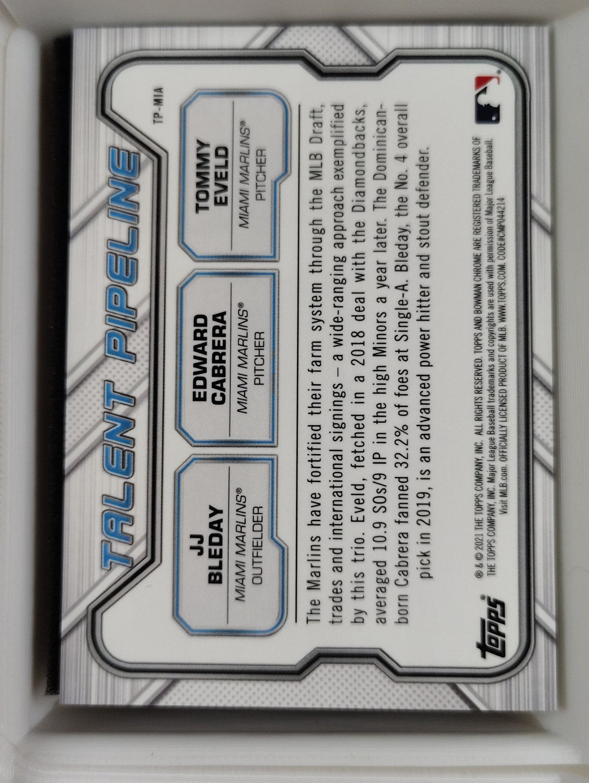 2021 Bowman Chrome Talent Pipeline #TP-MIA JJ Bleday Edward Cabrera Tommy Eveld