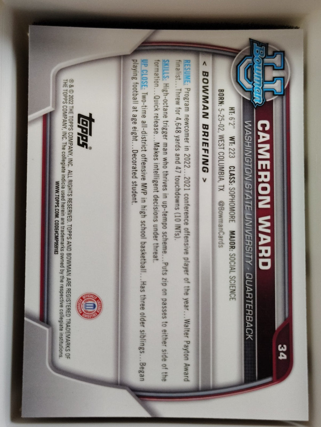 2022 Bowman University Chrome Cameron Ward #34
